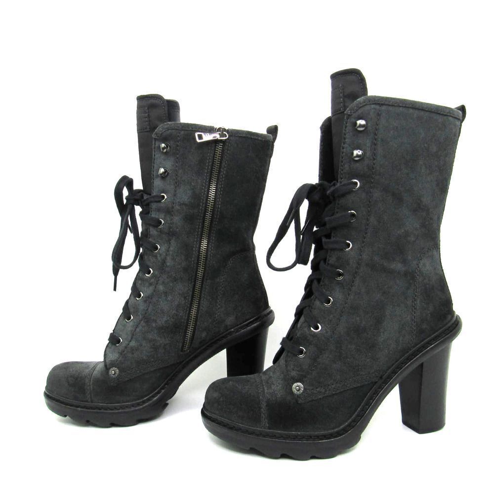 Prada Black Suede Lace Up Combat Platform Ankle Boots Side Zip Block Heel EU 37